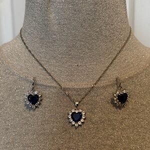 Sapphire Blue Heart Necklace and Earring Set 925 Sterling Silver Titanic Ocean
